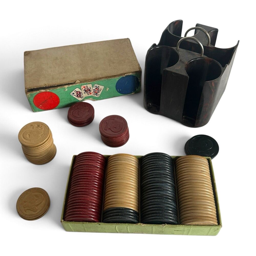 VINTAGE U.S. ANCHOR RAM’S HEAD CLAY POKER CHIP SET – BOX & MARBLE BAKELITE CADDY